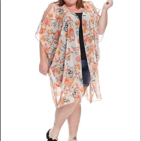 American Rag Chiffon Geranium Floral Cold Shoulder Open Front Kimono Cover Up 1X - Picture 11 of 11